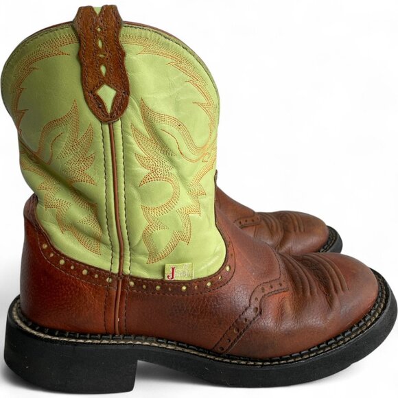 Justin Leather Lime Green Brown Roper Western Cowgirl Cowboy Boots Women's 8.5 B - Picture 2 of 14
